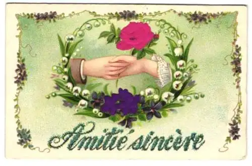 Stoff-Präge-AK Amitie sincere, Paar hält Hände, Rose aus Stoff
