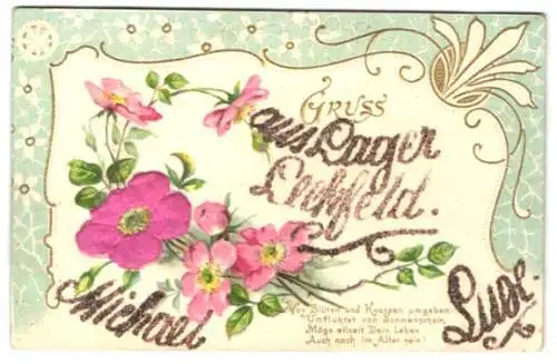 Stoff-Präge-AK Gruss aus Lager Lechfeld, Blumen aus echtem Stoff