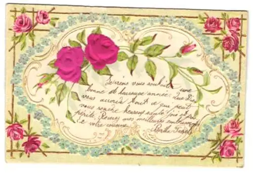 Stoff-Präge-AK Glückwunschkarte mit Rosen aus echtem Stoff