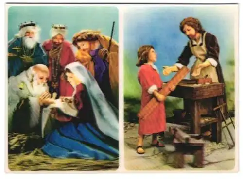 3D-AK Jesus als Säugling mit seiner Mutter und den Heiligen Drei Königen und als Junge mit Josef