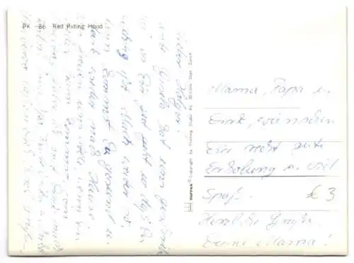 3D-AK Red Riding Hood, Rotkäppchen mit dem Wolf als Oma verkleidet