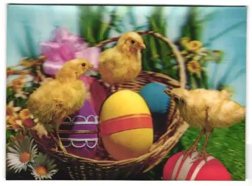 3D-AK Osterküken im Korb mit Ostereiern