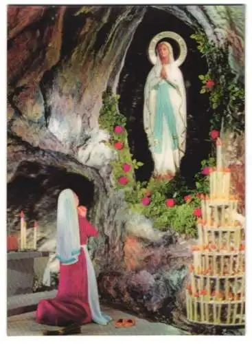 3D-AK Lourdes, Frau betet am Gnadenbild