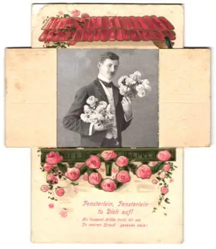 Mechanische-AK Herr mit Blumenstrauss am offenen Fenster