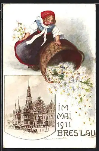 Künstler-AK Breslau, Margueritentag 1911, Rathaus, Kind schüttet Margeritenkorb aus