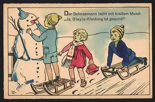Künstler-AK Reklame für Bleyle-Kleidung, Schneemann, Kinder mit Schlitten