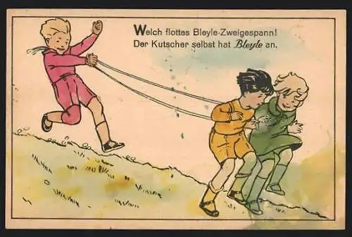 Künstler-AK Reklame für Bleyle-Kleidung, Kinder beim Spielen