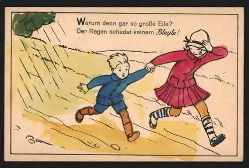 Künstler-AK Reklame für Bleyle-Kleidung, Kinder laufen durch den Regen