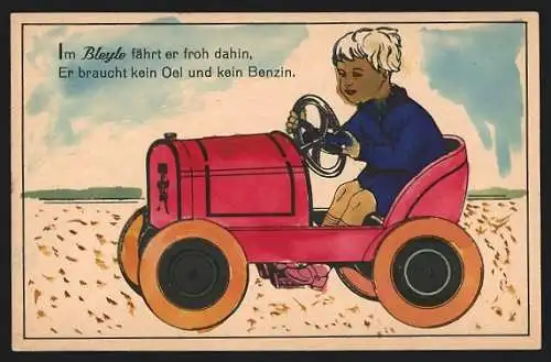 Künstler-AK Reklame für Bleyle-Kleidung, Junge auf einem Traktor