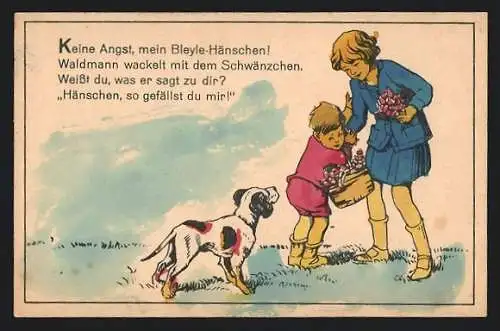 Künstler-AK Reklame für Bleyle-Kleidung, Kinder mit Hund