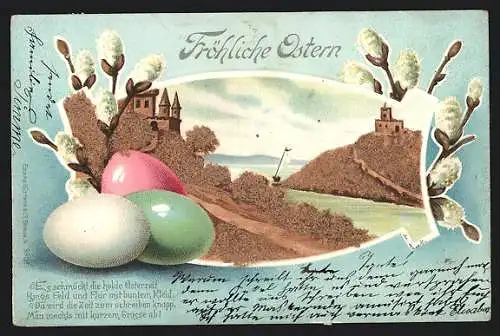 AK Fröhliche Ostern, Ostereier und Weidenkätzchen mit schöner Landschaft