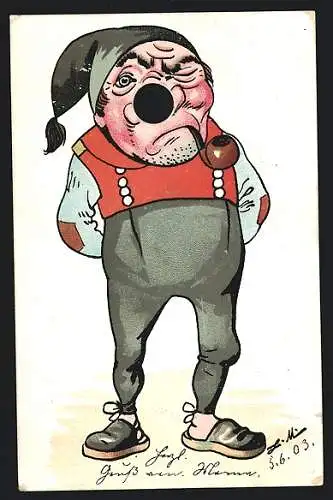 Finger-Durchsteck-AK mürrischer Bauer raucht eine Pfeife