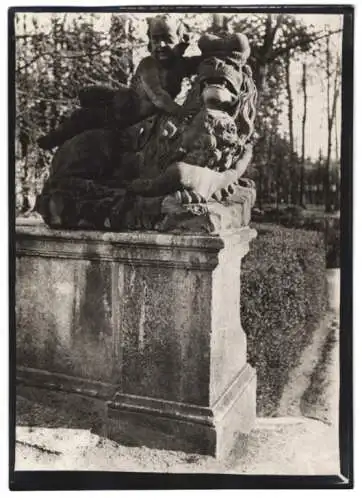 Fotografie W. Apel, Berlin, Ansicht Würzburg, Statue Putte mit Löwe im Hofgarten