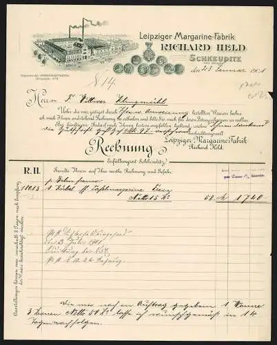 Rechnung Schkeuditz 1901, Richard Held, Leipziger Margarine-Fabrik, Gesamtansicht des Fabrikgeländes und Medaillen