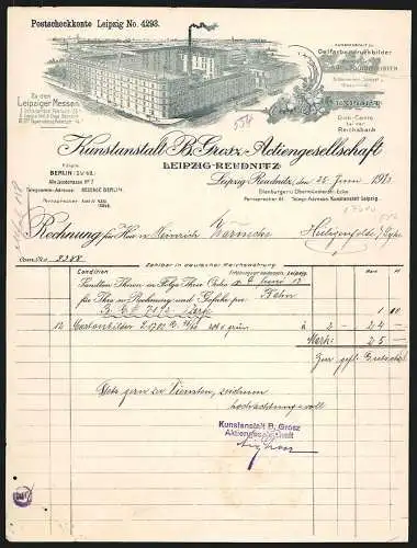 Rechnung Leipzig-Reudnitz 1913, Kunstanstalt B. Grosz AG, Das Geschäftsgelände aus der Vogelschau