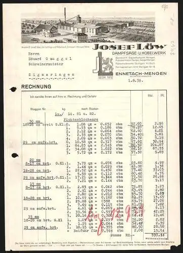 Rechnung Ennetach-Mengen 1939, Josef Löw, Dampfsäge- & Hobelwerk, Betriebsgelände mit gestapelter Ware