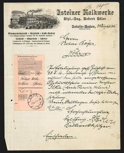 Rechnung Istein / Baden 1916, Dipl.-Ing. Robert Edler, Isteiner Kalkwerke, Das Betriebsgelände mit Gleisanlage