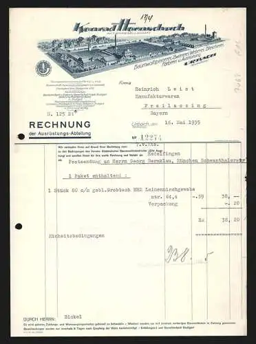 Rechnung Urbach 1935, Konrad Hornschuch AG, Baumwoll- & Textil-Fabrik, Gesamtansicht der Fabrikanlage, Schutzmarke