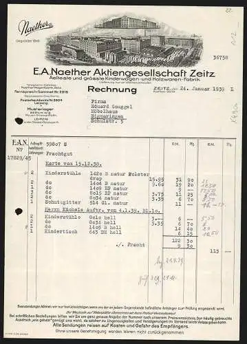 Rechnung Zeitz 1939, E. A. Naether AG, Kinderwagen- und Holzwaren-Fabrik, Ansicht von Fabrikgelände und Geschäftsstelle