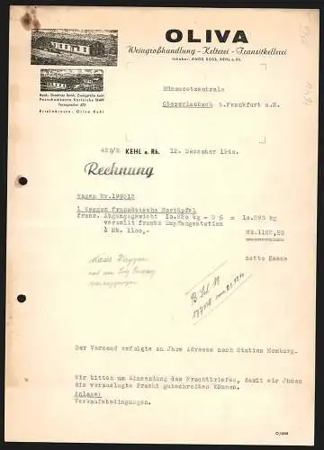 Rechnung Kehl a. Rh. 1940, Oliva, Weingrosshandlung, Kelterei & Transitkellerei, Ansicht der Grosshandlung und Kelterei