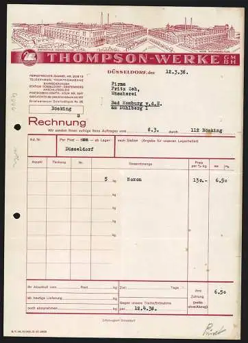 Rechnung Düsseldorf 1938, Thompson-Werke GmbH, Ansicht vom Stammhaus Düsseldorf und dem Werk Wittenberg /Elbe