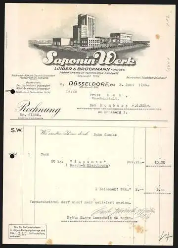 Rechnung Düsseldorf 1940, Linder & Brückmann KG, Saponin-Werke, Fabrik chemisch-technischer Produkte, Werksansicht