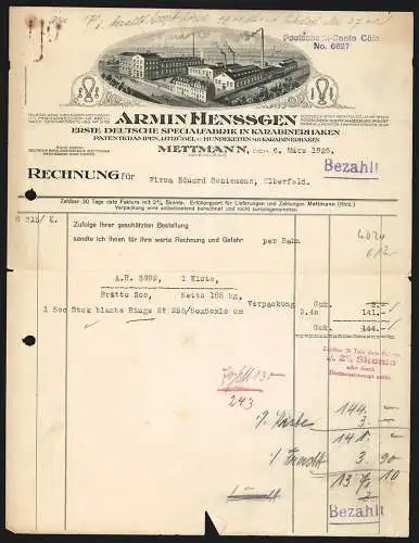 Rechnung Mettmann 1925, Armin Henssgen, Specialfabrik in Karabinerhaken, Blick auf das Betriebsgelände, Produktansicht