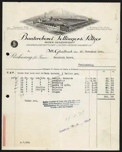 Rechnung M. Gladbach 1930, Fellinger & Peltzer AG, Buntweberei, Gesamtansicht des Fabrikgeländes aus der Vogelschau
