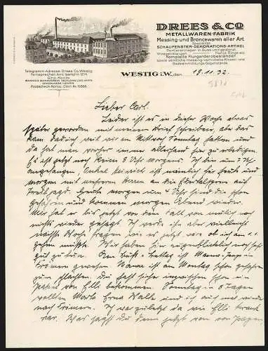 Rechnung Westig i. W. 1932, Drees & Co., Metallwaren-Fabrik, Betriebsgebäude mit rauchenden Schloten