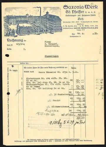 Rechnung Zeitz 1939, Ed. Pfeiffer, Saxonia-Werk, Kinderwagen- & Holzwaren-Fabrik, Ansicht des Betriebshofes mit Ware