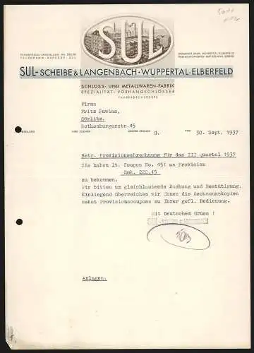 Rechnung Wuppertal-Elberfeld 1937, SUL - Scheibe & Langenbach, Schloss- & Metallwaren-Fabrik, Werksansicht hinter Logo