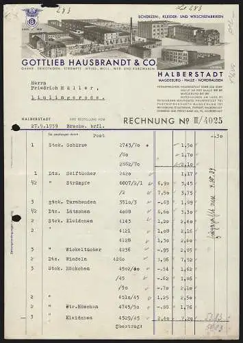 Rechnung Halberstadt 1939, Gottlieb Hausbrandt & Co., Textil-Fabrik, Hauptwerk in Halberstadt und Filiale in Nordhausen