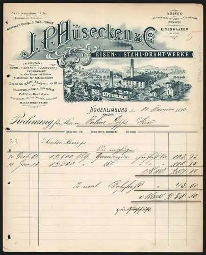 Rechnung Hohenlimburg 1896, J. P. Hüsecken & Co., Eisen- & Stahl-Draht-Werk, Ansicht des Fabrikgeländes