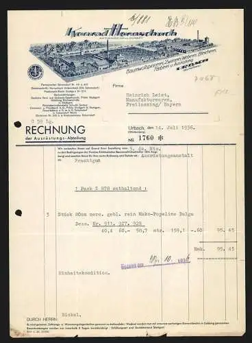 Rechnung Urbach 1936, Konrad Hornschuch AG, Textil-Fabrik, Gesamtansicht der Fabrikanlage aus der Vogelschau