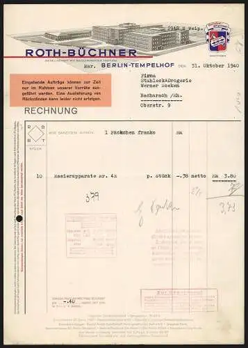 Rechnung Berlin-Tempelhof 1940, Roth-Büchner GmbH, Rasierapparate-Fabrik, Modell des Betriebskomplexes, Schutzmarke