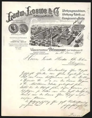 Rechnung Düsseldorf 1901, Ludw. Loewe & Co. AG, Werkzeug-Fabrik in Berlin, Das Betriebsgelände und eine Preis-Medaille