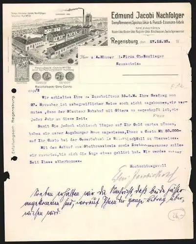 Rechnung Regensburg 1920, Edmund Jacobi Nachfolger, Dampfbrennerei, Spiritus-, Likör- & Punsch-Fabrik, Werksansicht