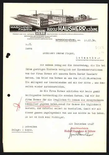 Rechnung Sprockhövel 1938, Rudolf Hausherr & Söhne, Maschinenfabrik, Ansicht der Fabrikanlage und Firmenlogo
