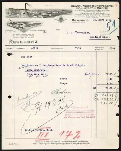 Rechnung Duisburg 1935, Kohlstedt & Crone, Duisburger Buntweberei, Ansicht der Fabriken in Duisburg und Viersen