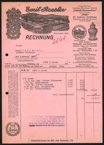 Rechnung Heidelberg 1938, Emil Roesler, Fabrikation feinster Bonbons, Betriebsansichten, Preise und Schutzmarken