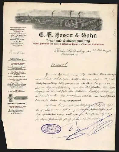 Rechnung Berlin-Lichtenberg 1919, C. A. Fesca & Sohn, Blech- und Stabeisenhandlung, Gesamtansicht des Werkgeländes