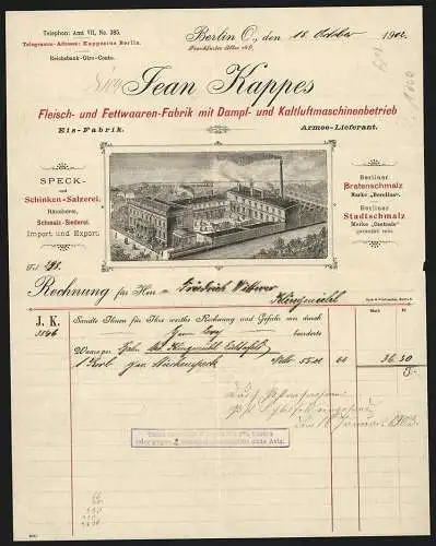 Rechnung Berlin 1902, Jean Kappes, Fleisch- und Fettwaaren-Fabrik, Betriebsgelände mit Kutsche im Innenhof
