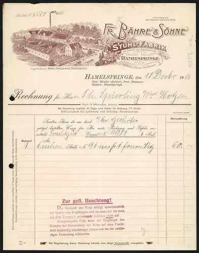 Rechnung Hamelspringe 1906, Fr. Bähre & Söhne, Stuhl-Fabrik, Das Betriebsgelände und Transportkutschen