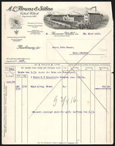 Rechnung Hannover-Wülfel 1916, A. L. Bruns & Söhne, Tabak-Fabrik, Strassenbahn vor dem Geschäftsgelände, Schutzmarke