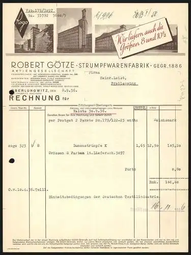 Rechnung Oberlungwitz 1936, Robert Götze AG, Strumpfwaren-Fabrik, Viererlei Werksansichten, Firmenlogo
