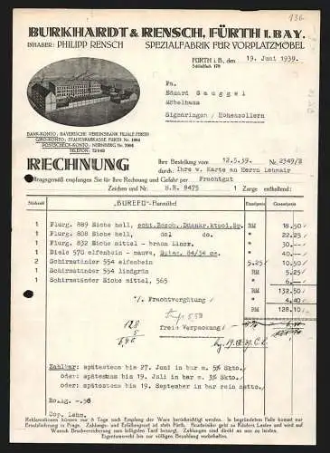 Rechnung Fürth i. B. 1939, Burkhardt & Rensch, Spezialfabrik für Vorplatzmöbel, Das Fabrikgelände aus der Vogelschau