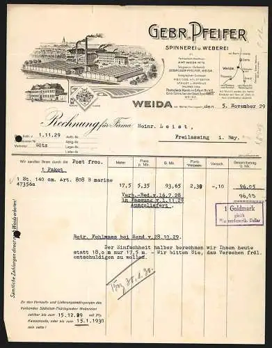 Rechnung Weida 1929, Gebr. Pfeifer, Spinnerei und Weberei, Ansicht von Fabrik und Stammhaus, Schutzmarke