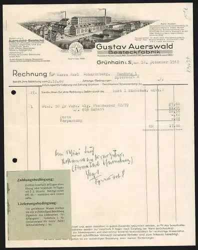 Rechnung Grünhain i. S. 1940, Gustav Auerswald, Besteckfabrik, Das Betriebsgelände und Arbeiterbehausungen, Fabrikmarke