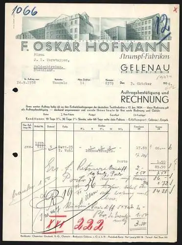 Rechnung Gelenau /Erzgebirge 1936, F. Oskar Hofmann, Strumpf-Fabriken, Ansichten zweier Geschäftsstellen