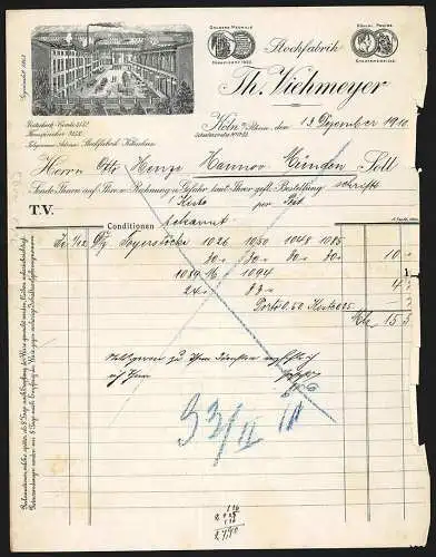 Rechnung Köln a. Rh. 1910, Th. Viehmeyer, Stockfabrik, Blick in den Betriebshof mit gestapelter Ware, Preis-Medaillen